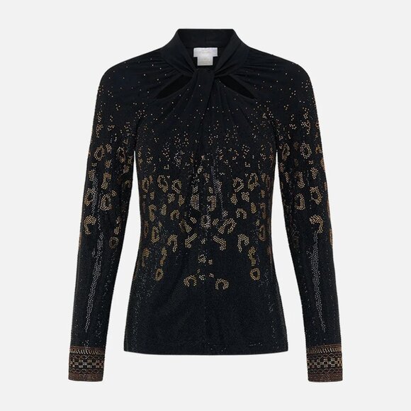 Bedazzled Long-sleeve Cut Out Jersey Crystal Leopard Top in "Mosaic Muse" - Picture 3 of 8